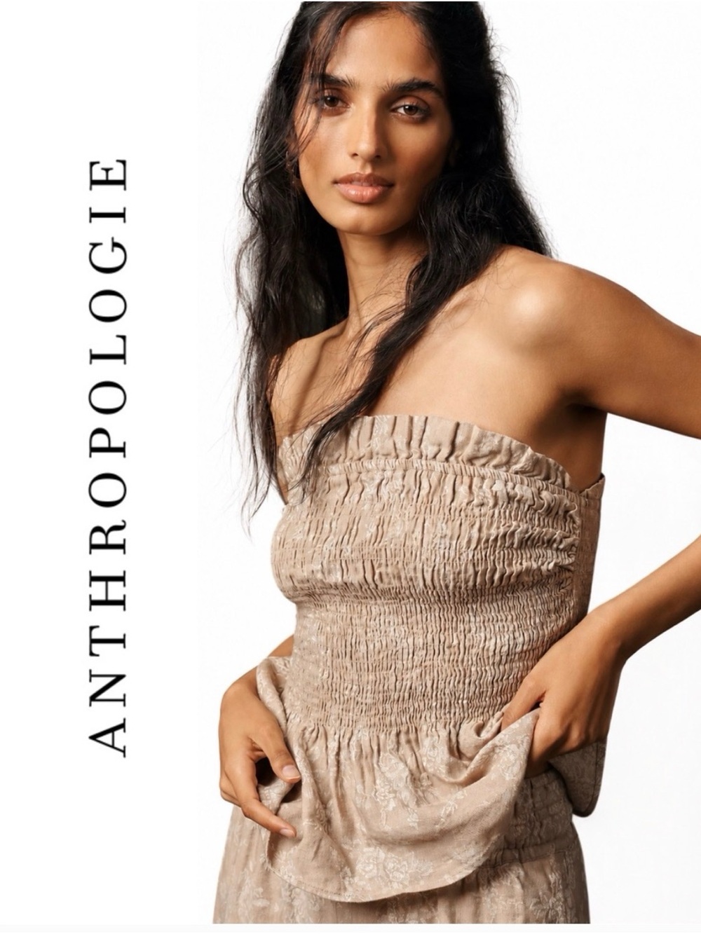 Anthropologie Neutral Beige Smocked Strapless Top